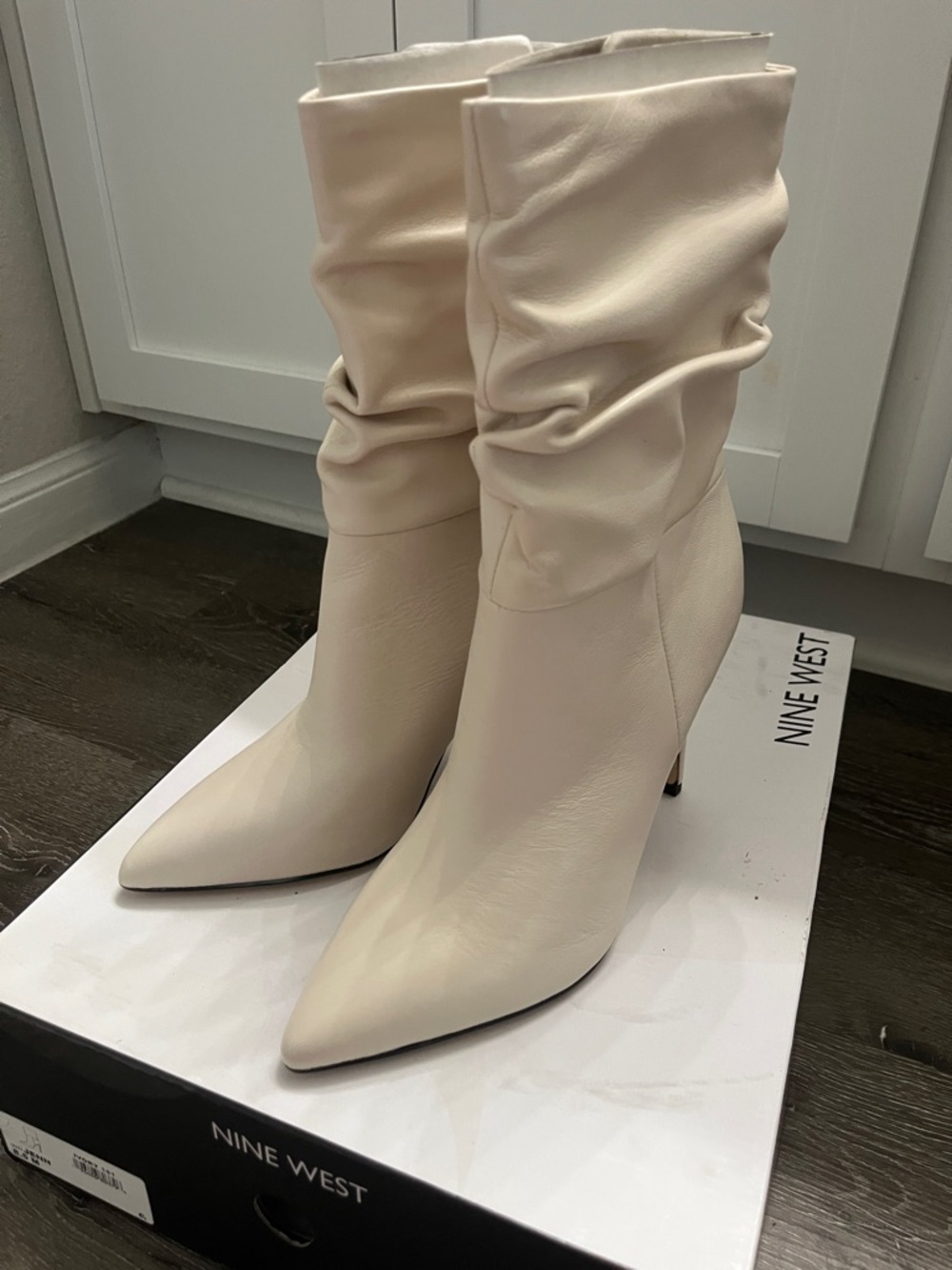 Nine West Cream Slouchy Pointed-Toe Stiletto Mid-Calf Boots
